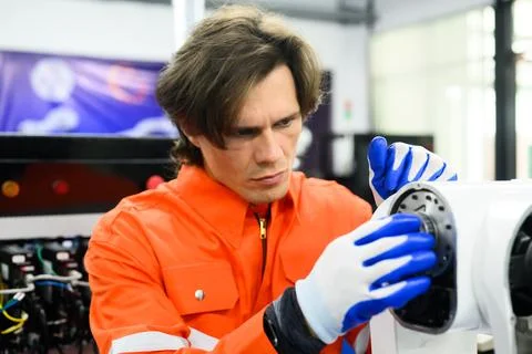 Engineer working and solving problems on machine at industrial plant Foto stock