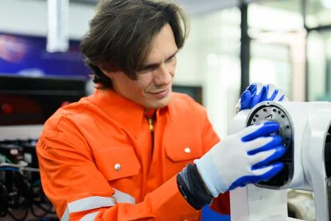 Engineer working and solving problems on machine at industrial plant Foto stock