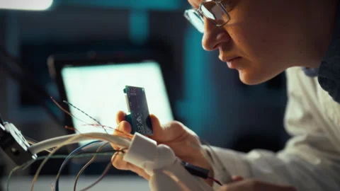 Engineer working on circuit board in a modern technology lab at night Stock Footage 323765777