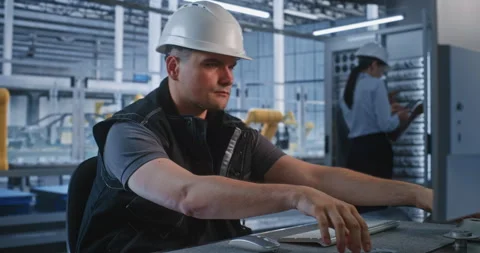 Engineer Working at Computer with Colleagues at Server Rack in Smart Factory Stock Footage 344393743