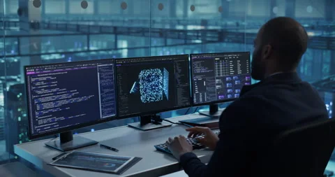 Engineer Working on Computer in Data Center Office Stock Footage 296175088