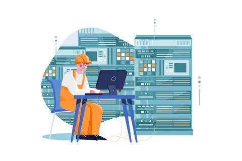 Engineer working at the data center Illustrazione stock