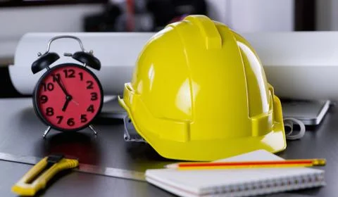 Engineer working desk with alarm clock showing deadline Stock Photos