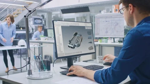 Engineer Working on Desktop Computer, Screen Showing CAD Software 3D Component Stock Footage 107790042