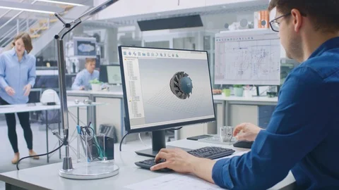 Engineer Working on Desktop Computer, Screen Showing CAD Software with 3D Engine Video stock 107790123