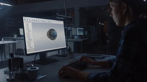 Engineer Working on Desktop Computer, Screen Showing CAD Software with 3D Engine Video stock 107804605