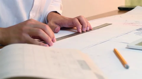 Engineer Working On A Drawing Using Ruler And Pencill Video stock 91871276