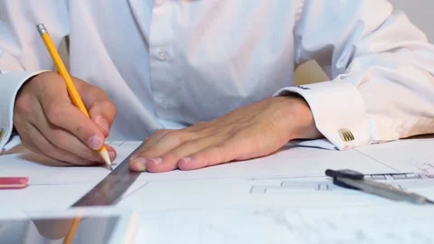Engineer Working On A Drawing Using Ruler Video stock 91871281