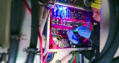 Engineer Working on Electrical Panel in Engine Room 스톡 동영상 323751788