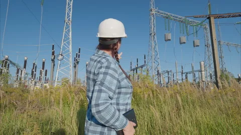Engineer working at an Electrical Substation conducting thorough data analysis a Stock Footage 318383278
