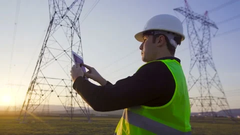 Engineer working in front of power lines at sunset. Stock Footage 203851066