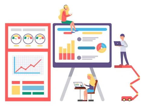 Engineer Working with Graph Report in Pc Vector 스톡 일러스트