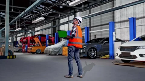 Engineer Working On A Green Screen Laptop in Auto Repair Shop Stock Footage 313534062