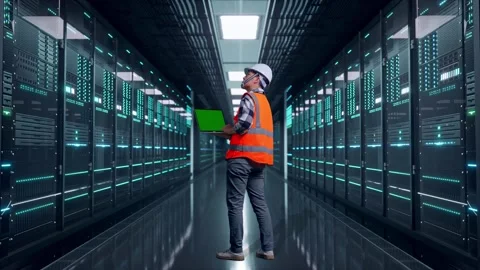 Engineer Working On A Green Screen Laptop in Data Center Video stock 321993316