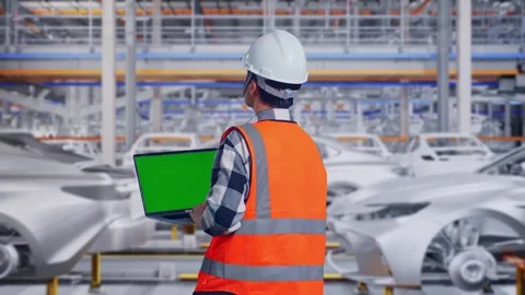 Engineer Working On A Green Screen Laptop In Car Factory Stock Footage 331577249