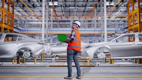 Engineer Working On A Green Screen Laptop In Car Factory Stock Footage 331580633