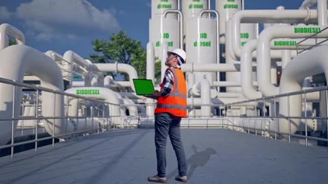 Engineer Working On A Green Screen Laptop at Biodiesel plant Stock Footage 332094791