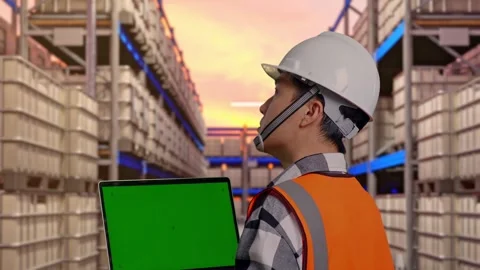 Engineer Working On A Green Screen Laptop at Fuel Warehouse Stock Footage 332153900