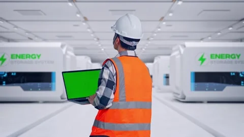 Engineer Working On A Green Screen Laptop at Power Plant Stock Footage 333771927
