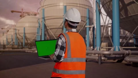 Engineer Working On A Green Screen Laptop with Spherical Tank Stock Footage 335066953