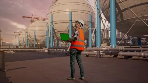 Engineer Working On A Green Screen Laptop with Spherical Tank Stock Footage 335068217