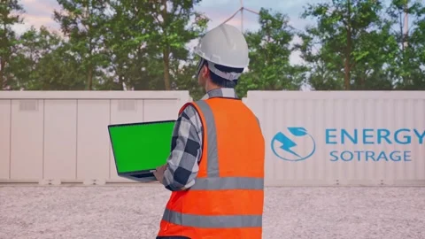 Engineer Working On A Green Screen Laptop with Energy Storage Stock Footage 337816846