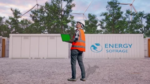 Engineer Working On A Green Screen Laptop with Energy Storage Stock Footage 337818484