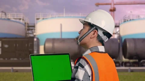 Engineer Working On A Green Screen Laptop at Oil Refinery Stock Footage 340141935