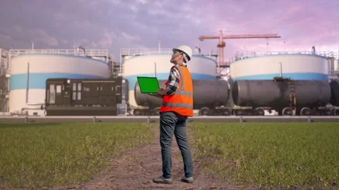 Engineer Working On A Green Screen Laptop at Oil Refinery Stock Footage 340142831