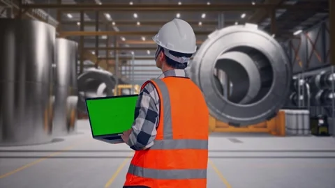 Engineer Working On A Green Screen Laptop at Heavy Factory Stock Footage 340818309