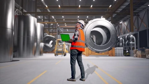 Engineer Working On A Green Screen Laptop at Heavy Factory Stock Footage 340822120