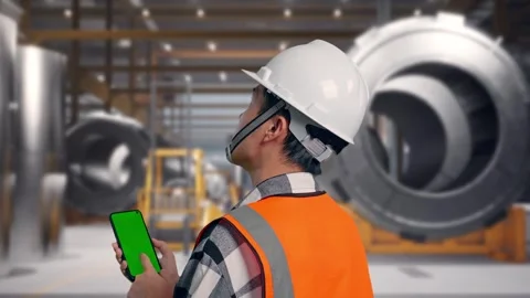 Engineer Working On A Green Screen Smartphone at Heavy Factory Stock Footage 340821003