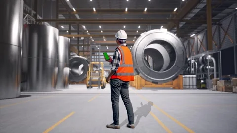 Engineer Working On A Green Screen Smartphone at Heavy Factory Stock Footage 340822089