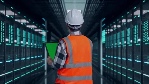Engineer Working On A Green Screen Tablet in Data Center Video stock 321991464