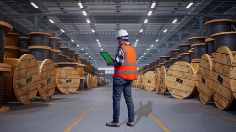 Engineer Working On A Green Screen Tablet In Cable Coils Stock Footage 323923371