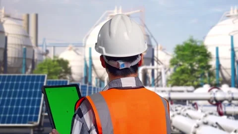 Engineer Working On A Green Screen Tablet at Energy Complex Stock Footage 330183398