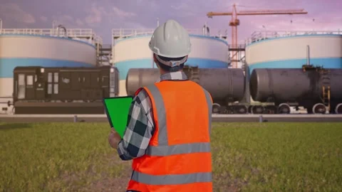 Engineer Working On A Green Screen Tablet at Oil Refinery Stock Footage 340140669