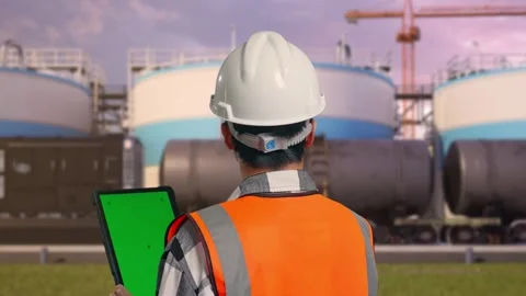 Engineer Working On A Green Screen Tablet at Oil Refinery Stock Footage 340141839