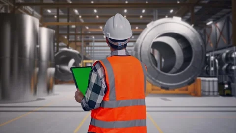 Engineer Working On A Green Screen Tablet at Heavy Factory Stock Footage 340818216