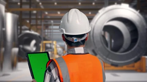 Engineer Working On A Green Screen Tablet at Heavy Factory Stock Footage 340820944