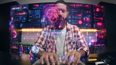 Engineer working with heads up display developing software on holographic screen Stock Footage 329506703