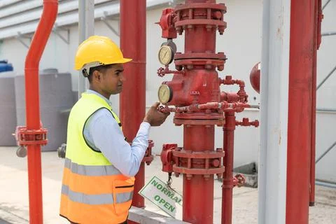 Engineer working on heating water supply system. Foto stock