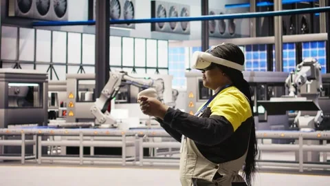 Engineer working in industry 4.0 plant using virtual reality technology Stock Footage 308721966