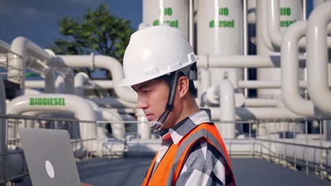 Engineer Working On A Laptop at Biodiesel plant Stock Footage 332092313