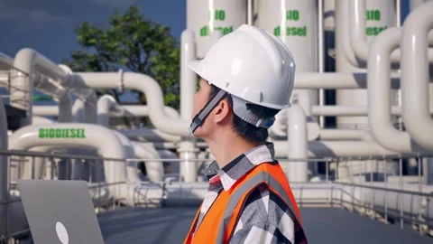 Engineer Working On A Laptop at Biodiesel plant Stock Footage 332092377