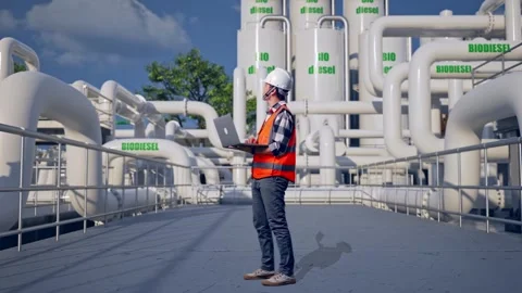 Engineer Working On A Laptop at Biodiesel plant Stock Footage 332094346