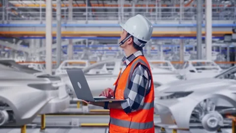 Engineer Working On A Laptop In Car Factory Stock Footage 331577122