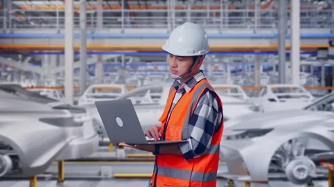 Engineer Working On A Laptop In Car Factory Stock Footage 331577152