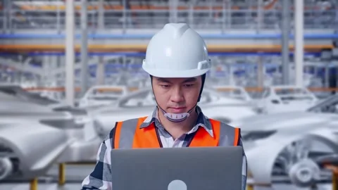 Engineer Working On A Laptop In Car Factory Stock Footage 331577648