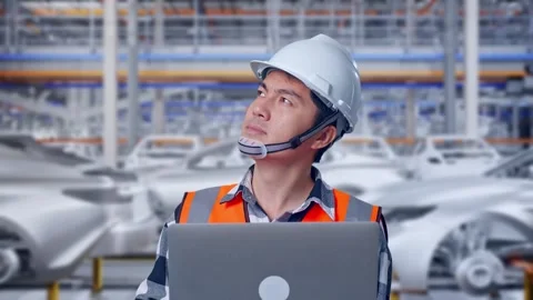 Engineer Working On A Laptop In Car Factory Stock Footage 331577702